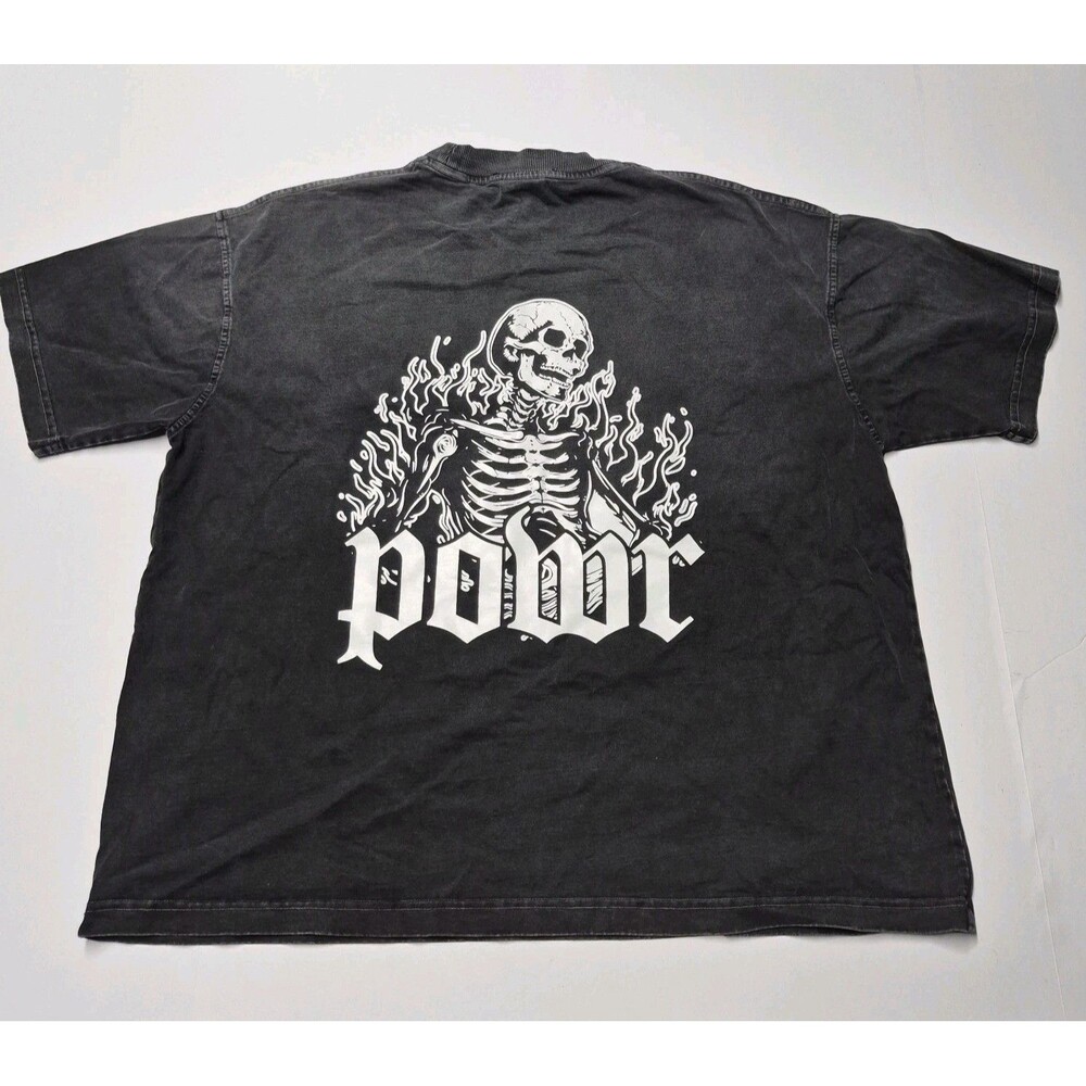 POWR Clothing Co Heavyweight T Shirt Medium Black Mineral Wash Skeleton Flame